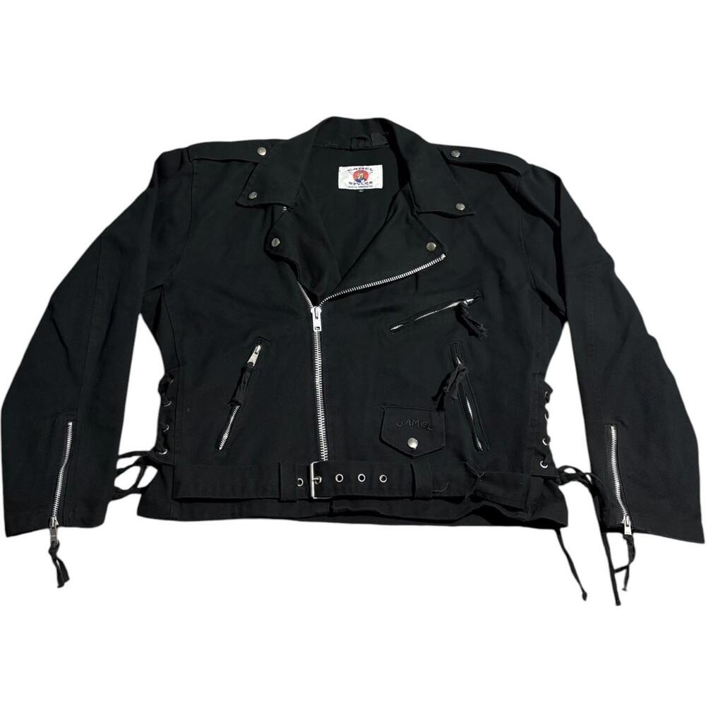 XL 1992 Camel Denim Motorcycle Jacket embroidery logo Zipper Buckle Vintage bike